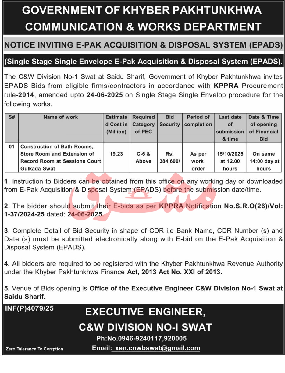 C&W Division Peshawar Tender Notice